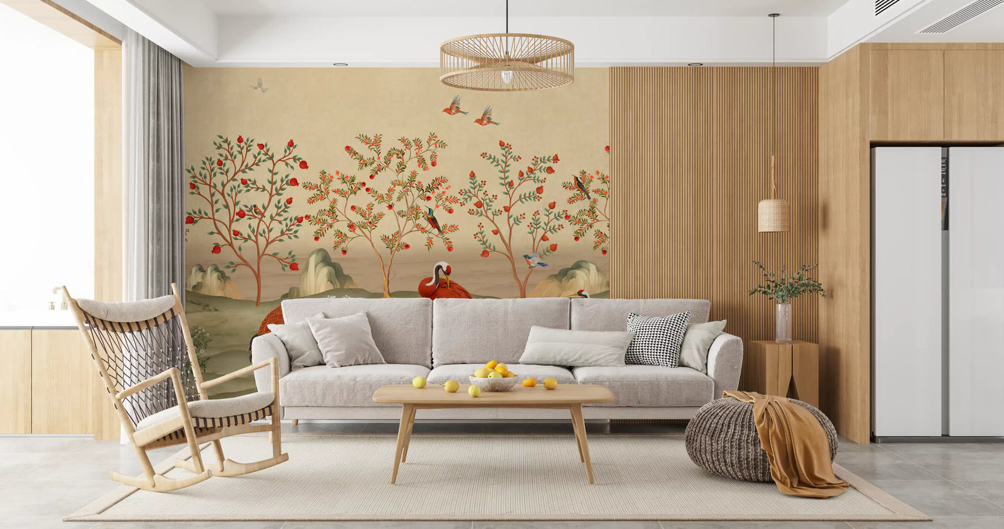 Crimson Cranes in Pomegranate Grove Wall Mural