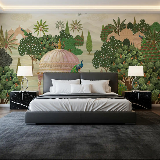 Regal garden views wrap a bedroom in the Peacocks and Temples wall mural GD12200
