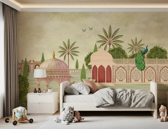 Kids room styled with the royal courtyard peacock wall mural GD12201
