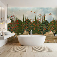 Orchard of Cranes and Pomegranates Wall Mural