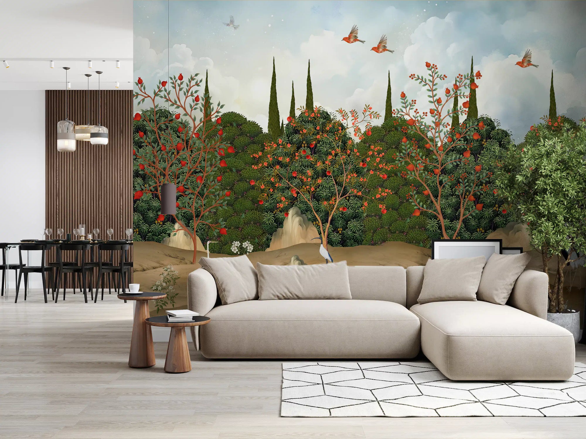 Orchard of Cranes and Pomegranates Wall Mural