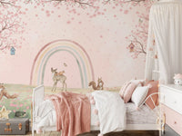 Whimsical Forest Friends with Soft Rainbow Wall Mural