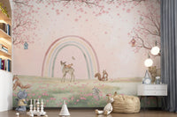 Whimsical Forest Friends with Soft Rainbow Wall Mural
