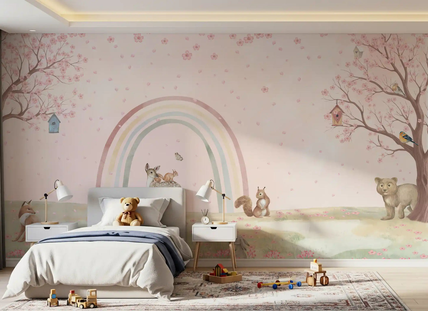 Whimsical Forest Friends with Soft Rainbow Wall Mural