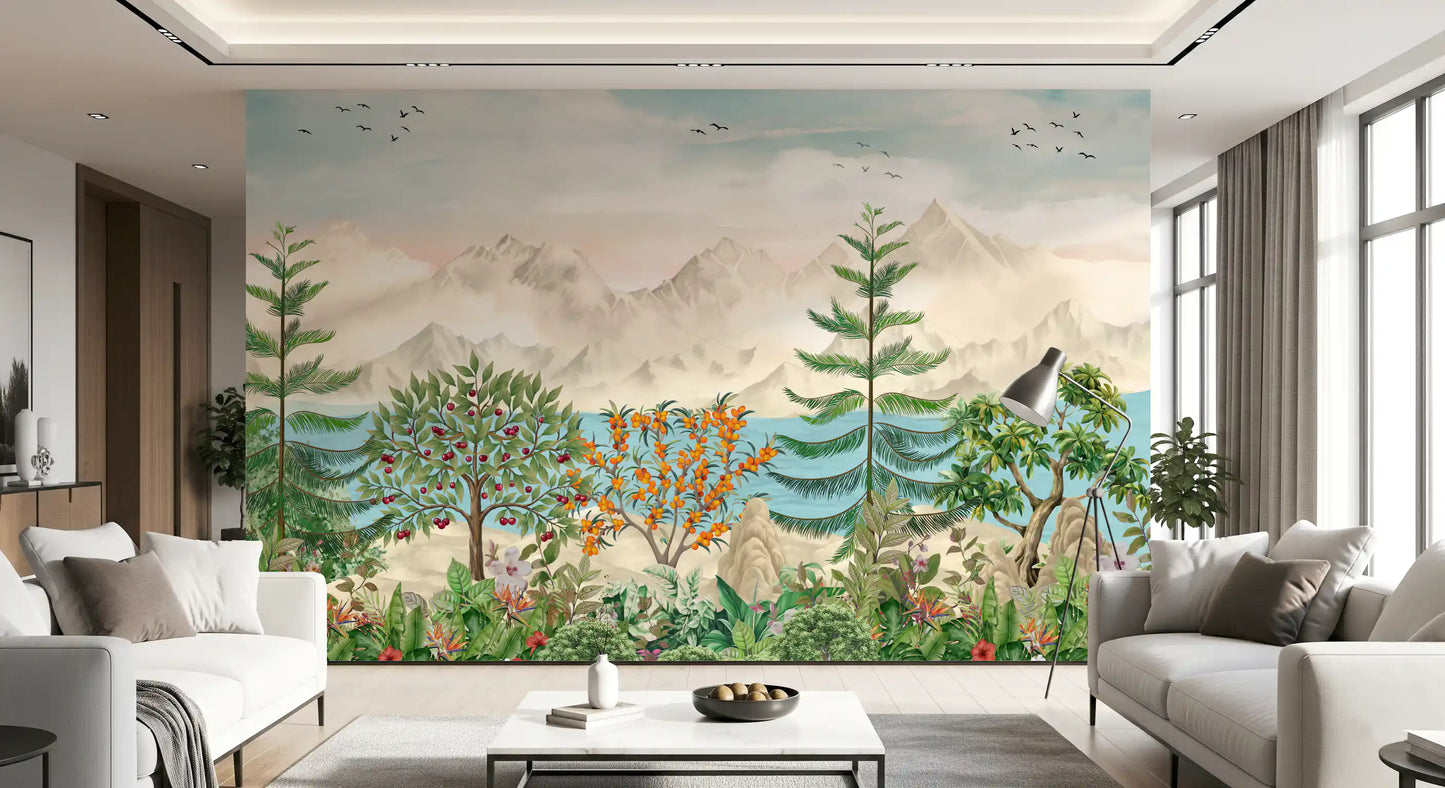 Serene Mountain Orchard Vista Wall Mural