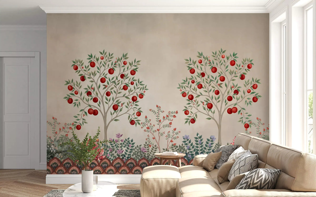 Fruit-laden trees warm a living room in this Rustic Orchard wall mural GD12209