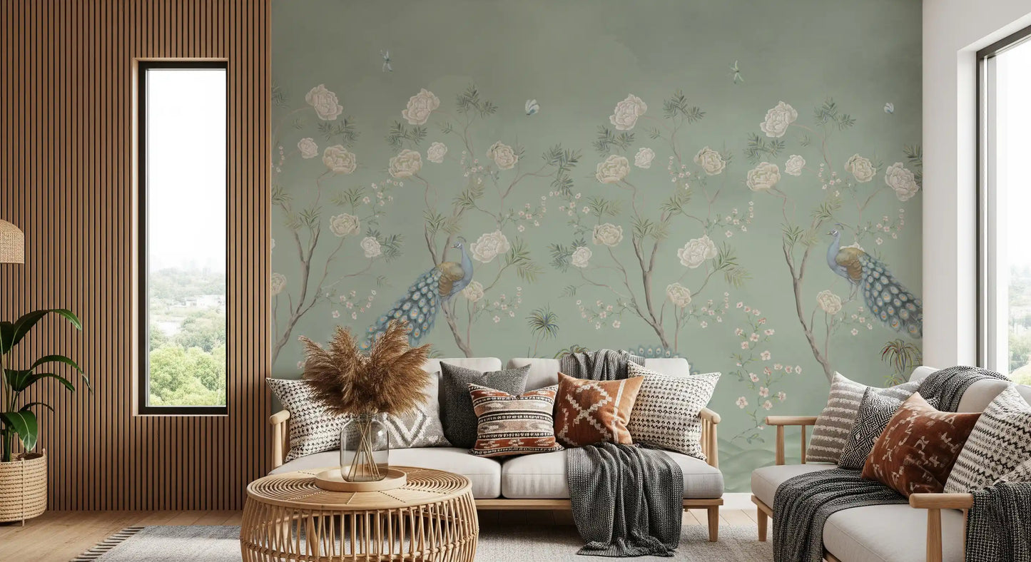 Sage Garden Peacock Scene Wall Mural
