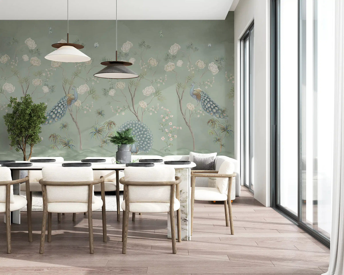 Dining room framed by the sage garden peacock wall mural GD12210
