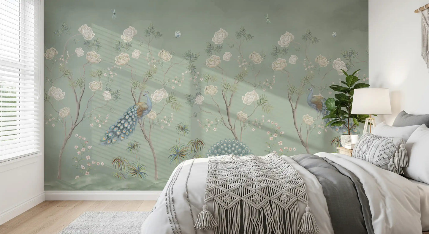 Sage Garden Peacock Scene Wall Mural
