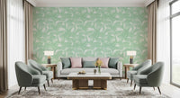 Fine white leaves scatter over a sage green wallpaper GD12211