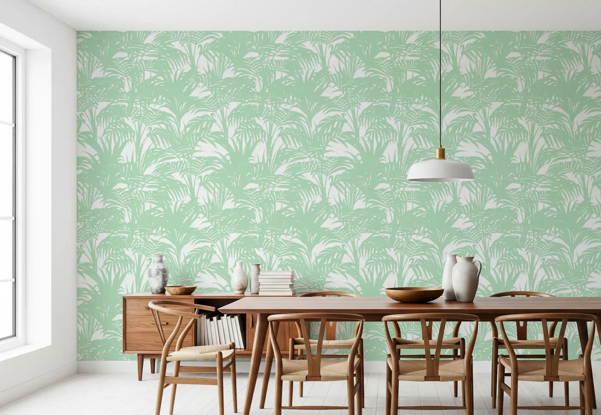 Sage jungle wallpaper scattered across a calm dining room GD12211