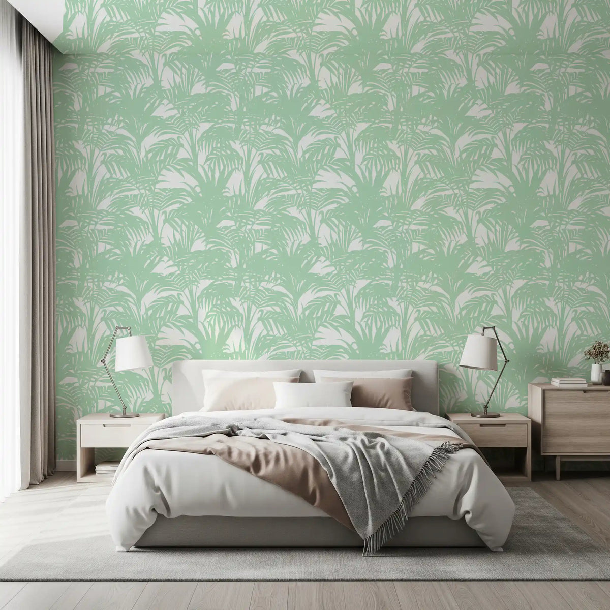 Bedroom greened over by the minimalist jungle wallpaper GD12211
