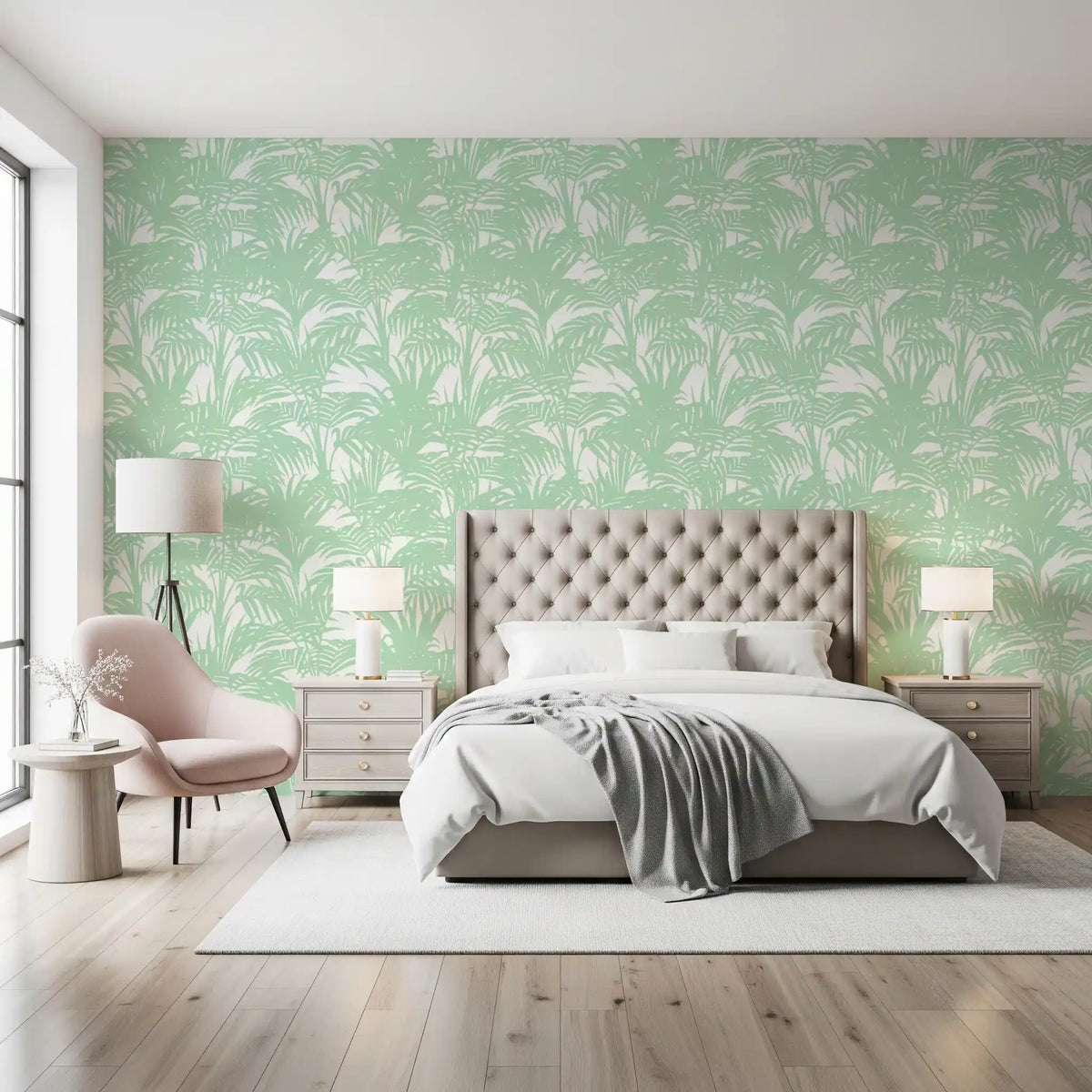 Minimalist jungle sage wallpaper trailing behind a bedroom GD12211