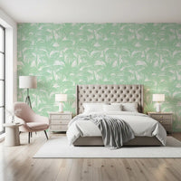 Minimalist jungle sage wallpaper trailing behind a bedroom GD12211