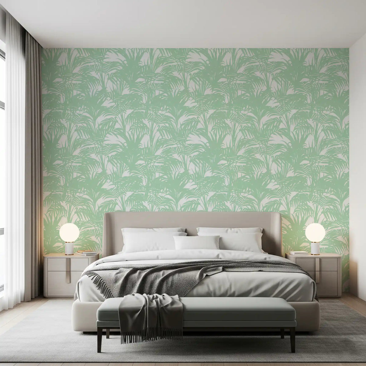 Bedroom traced with the minimalist jungle sage wallpaper GD12211
