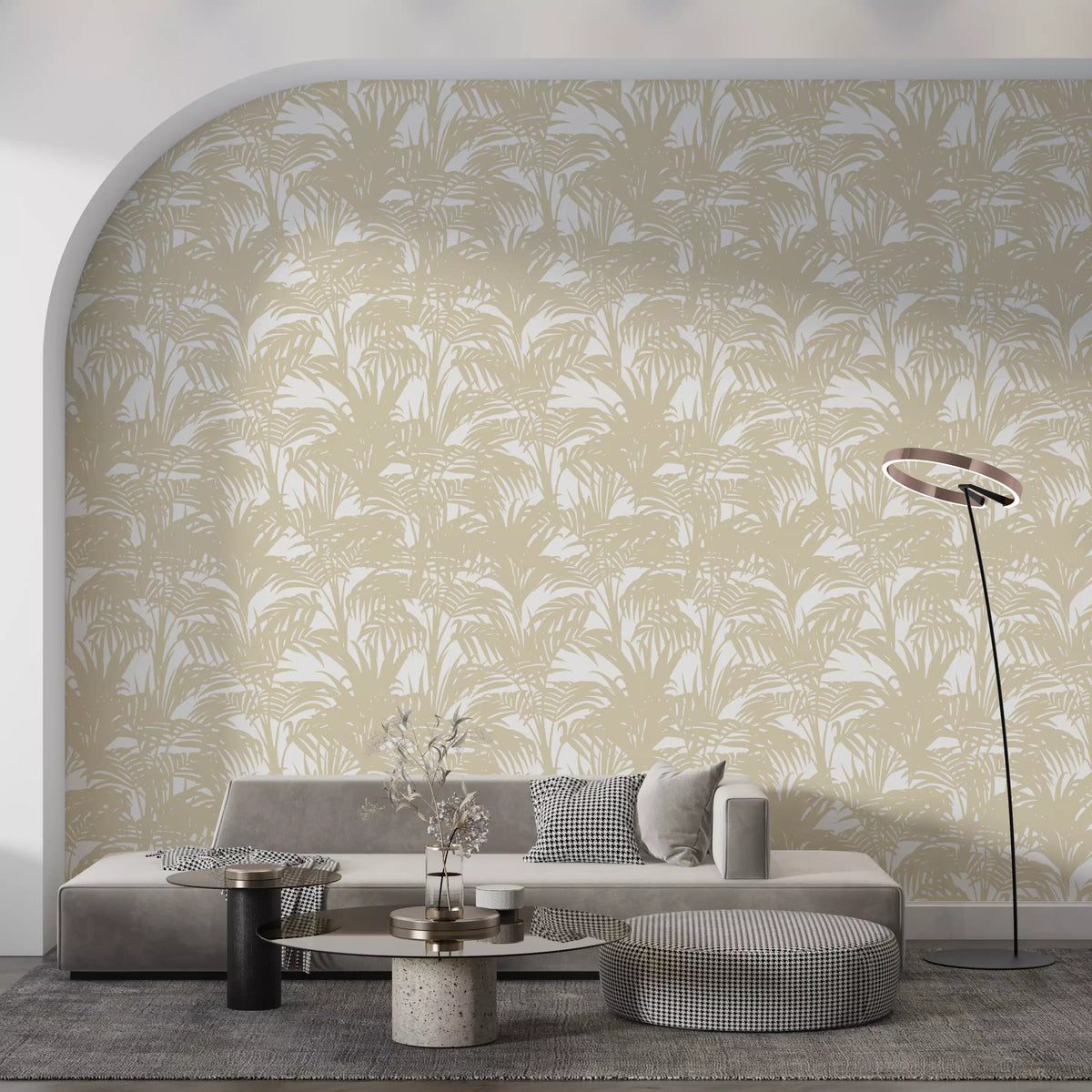 Understated palms dress a living room, Minimalist Frond Pattern wallpaper. GD12212