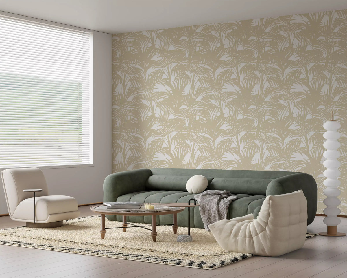 Tan leaf silhouettes layer on the Tropical Frond Pattern wallpaper. GD12212