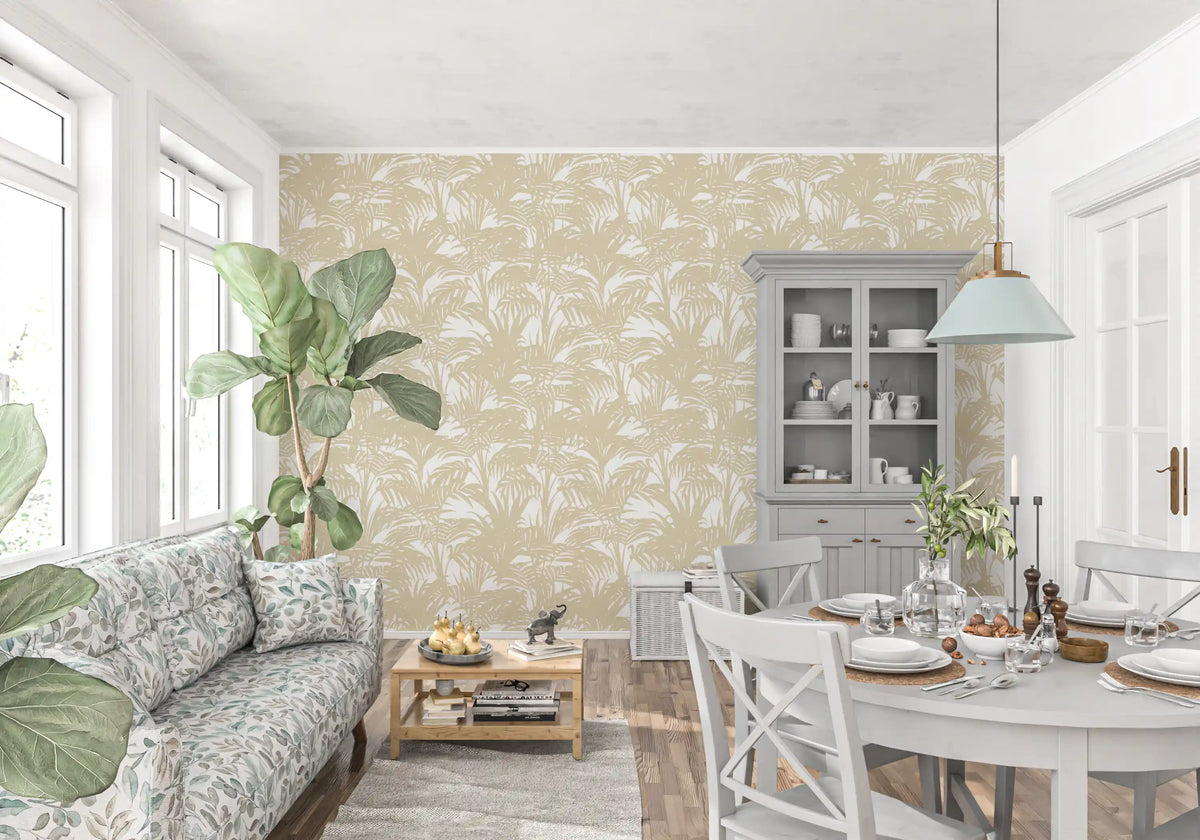 Beige palm fronds repeat over white on the Minimalist Tropical Frond wallpaper. GD12212