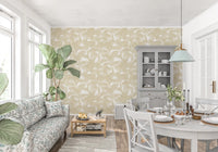 Beige palm fronds repeat over white on the Minimalist Tropical Frond wallpaper. GD12212