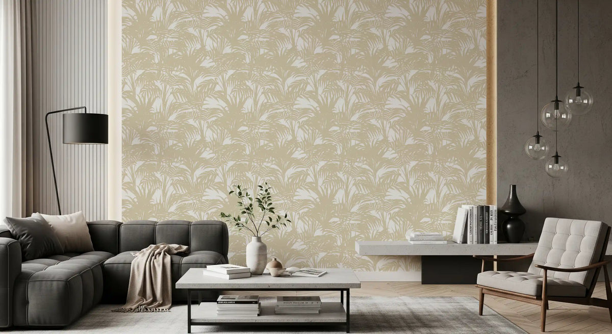 Greige fronds meet a living room, Tropical Frond Pattern wallpaper. GD12212