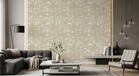 Greige fronds meet a living room, Tropical Frond Pattern wallpaper. GD12212
