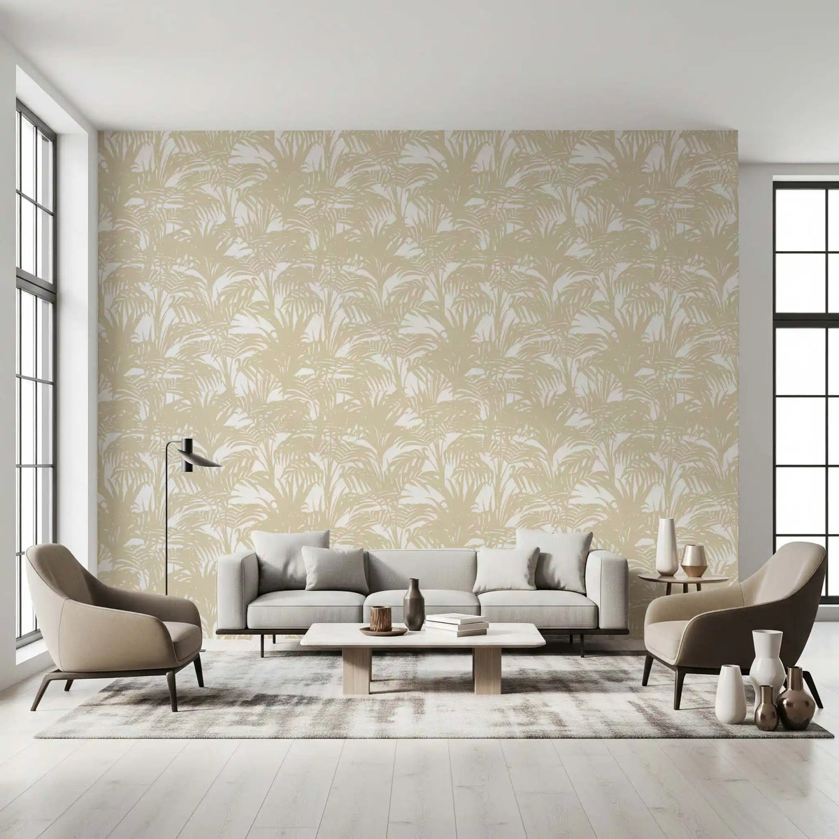 Breezy fronds fill a living-dining area, Tropical Frond Pattern wallpaper. GD12212