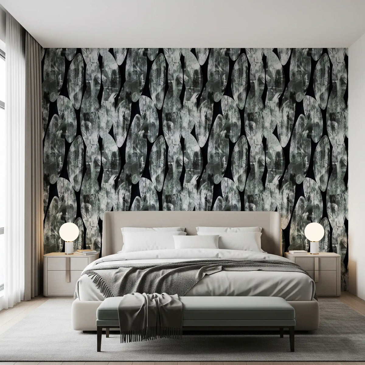 Silvered brushwork fills a bedroom, Abstract Brushstroke wallpaper. GD12214