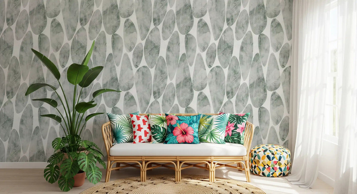 Eucalyptus tones dress a hall-living area, Sage Pebbled Texture wallpaper. GD12219