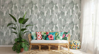 Eucalyptus tones dress a hall-living area, Sage Pebbled Texture wallpaper. GD12219