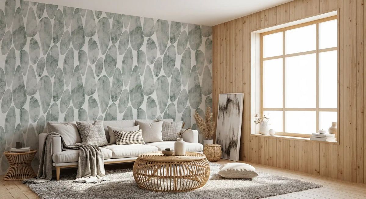 Mossy watercolour fills a living room, Muted Sage Pebbled Texture wallpaper. GD12219