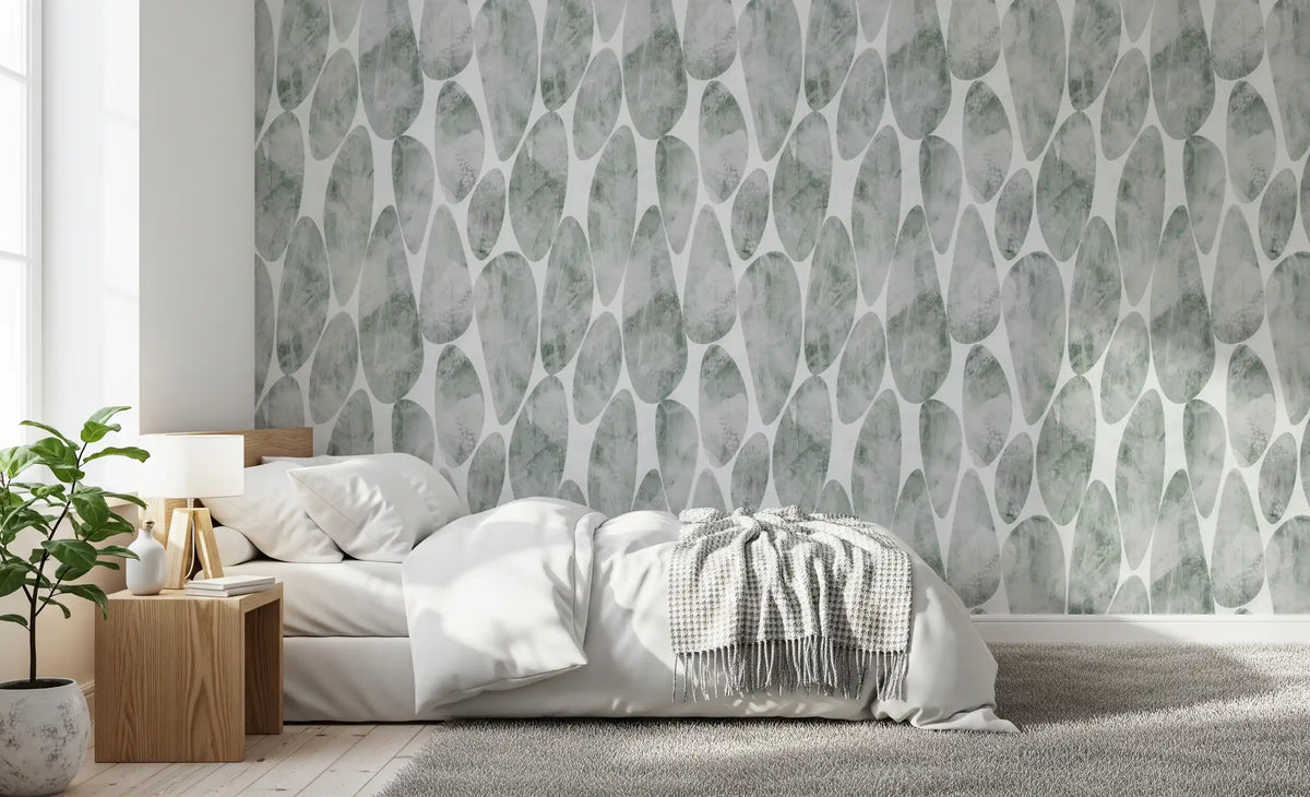 Smudged leaves overlap on the Muted Sage Pebbled wallpaper. GD12219
