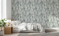 Smudged leaves overlap on the Muted Sage Pebbled wallpaper. GD12219

