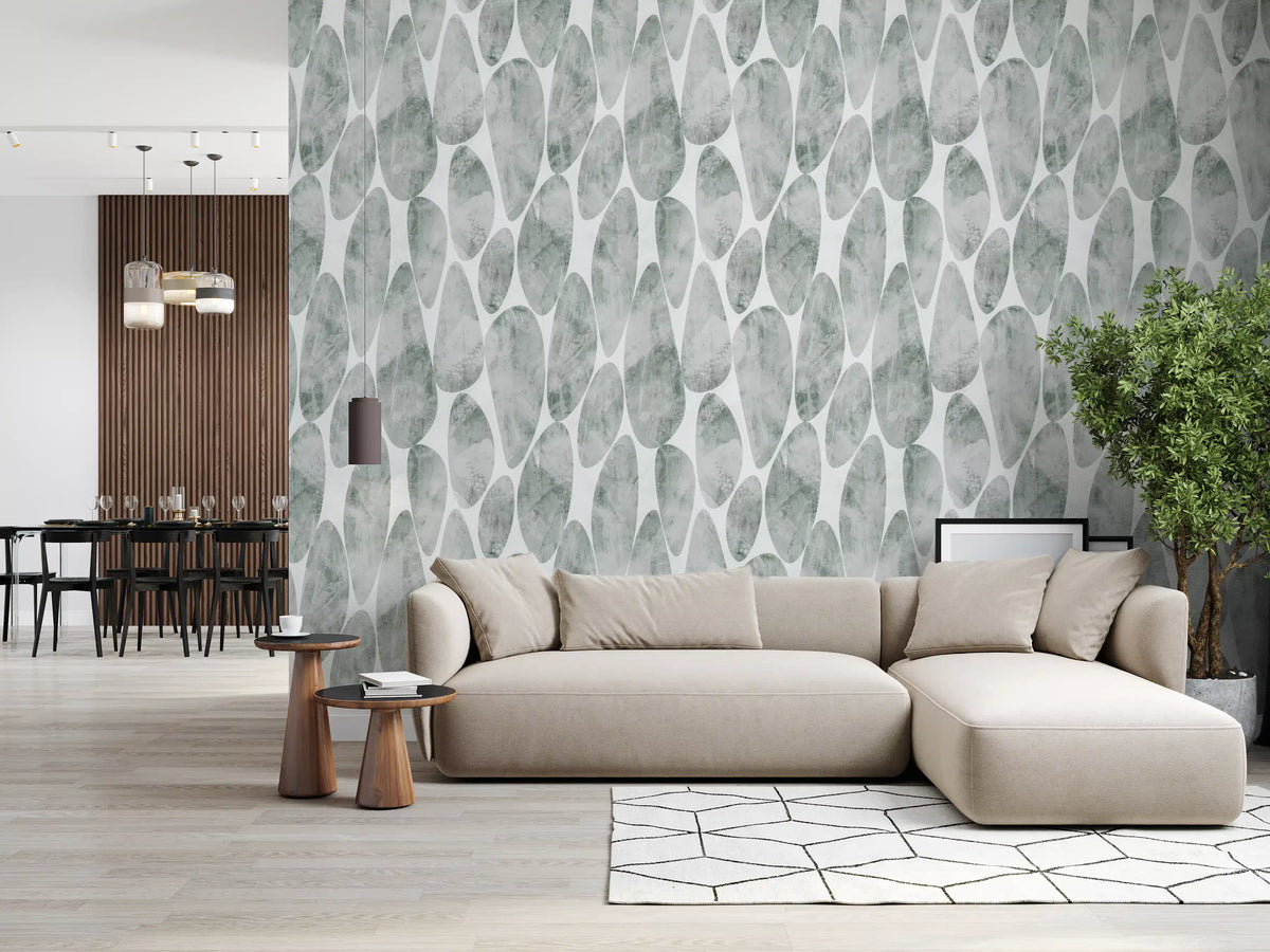 Sage leaf texture fills a living room, Muted Sage Pebbled wallpaper. GD12219