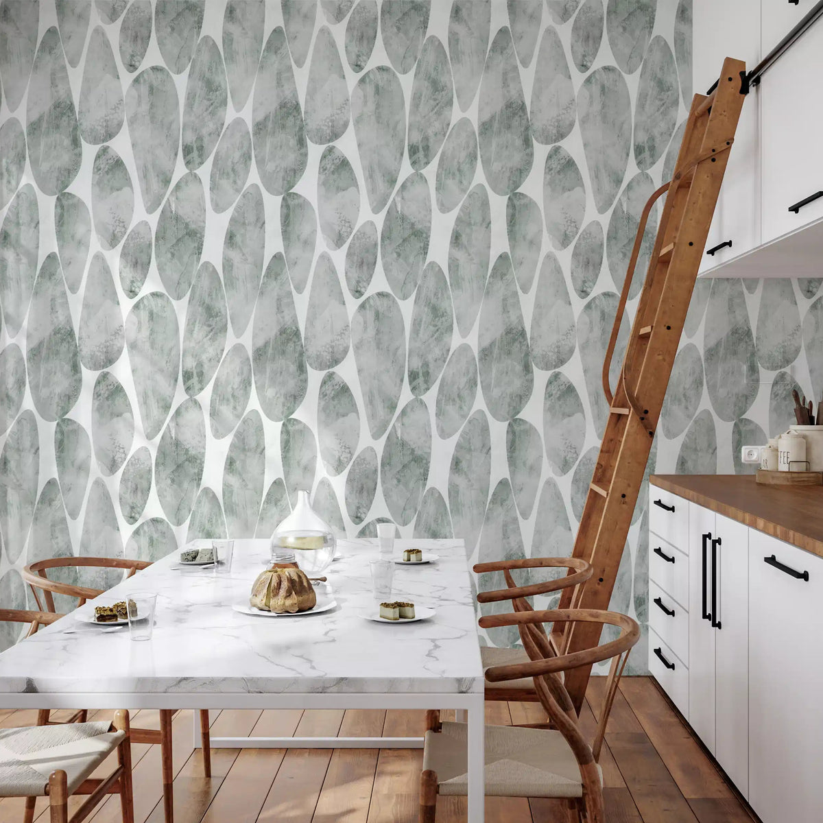 Grey-green pebble shapes suit a dining room, Sage Pebbled wallpaper. GD12219