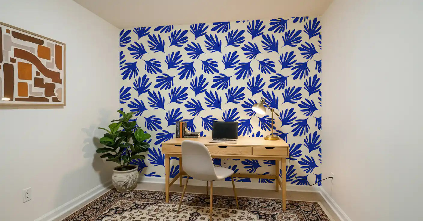 Bold Cobalt Leaf Silhouette Wallpaper⁠