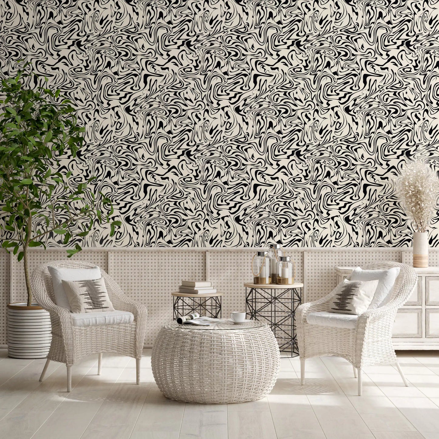 Black and White Fluid Marble Swirls Wallpaper⁠