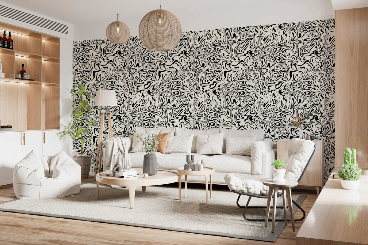 Living room clad in the black and white marble swirls wallpaper GD12226