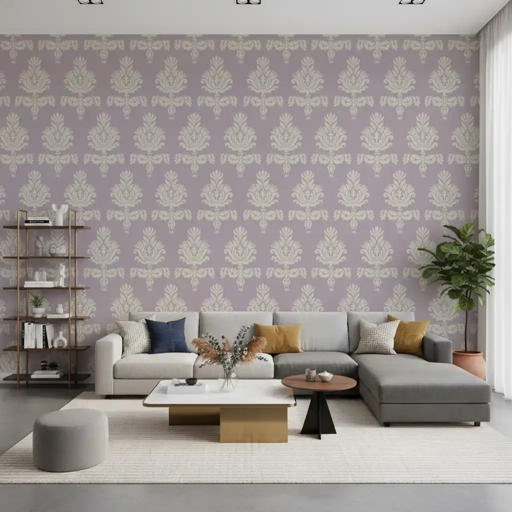 Damask medallions repeat behind a living room on this Lilac Heritage wallpaper GD12230
