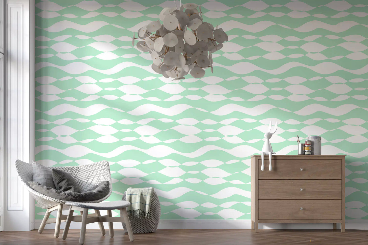 Soft Sage Wavy Linear Pattern Wallpaper⁠