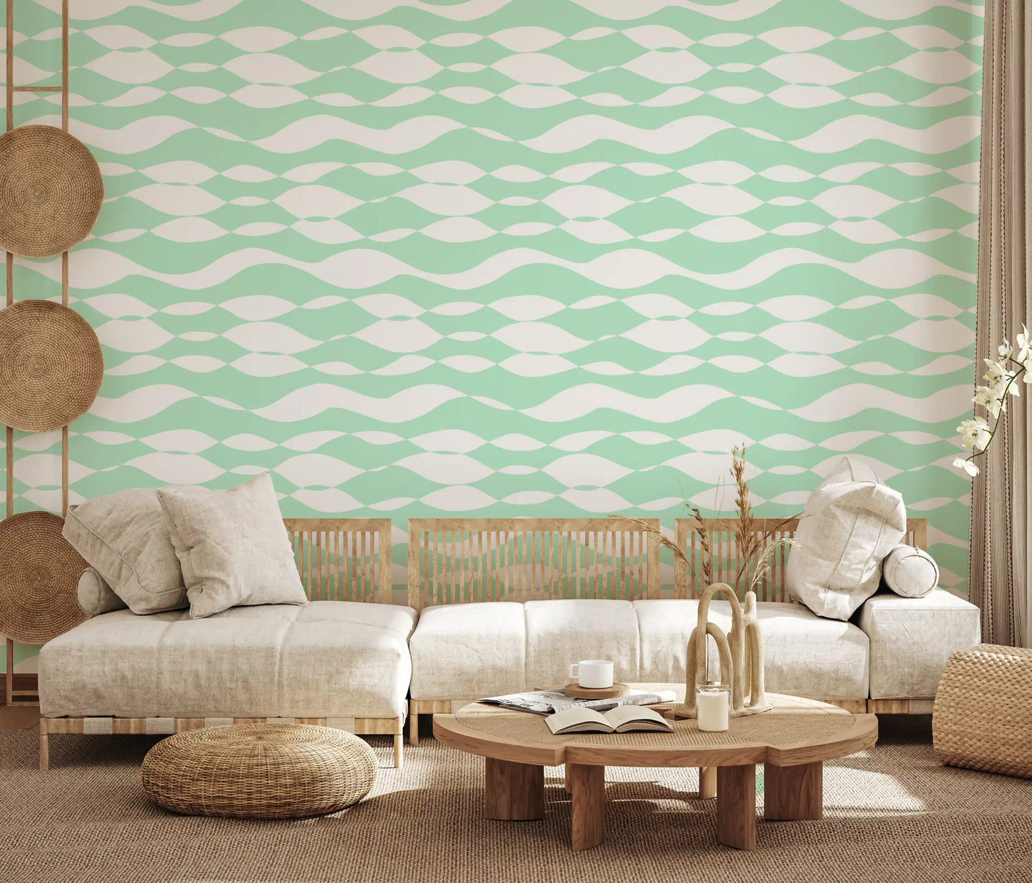 Soft Sage Wavy Linear Pattern Wallpaper⁠