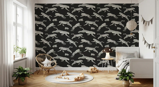 Kids room styled with the monochrome cheetah motion wallpaper GD12236

