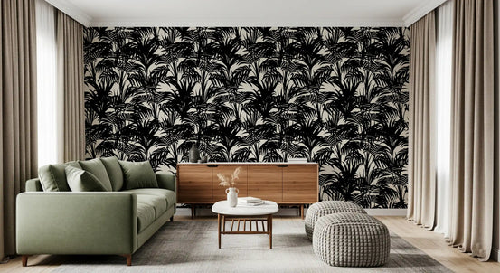 Living room styled with the monochrome tropical palm wallpaper GD12238
