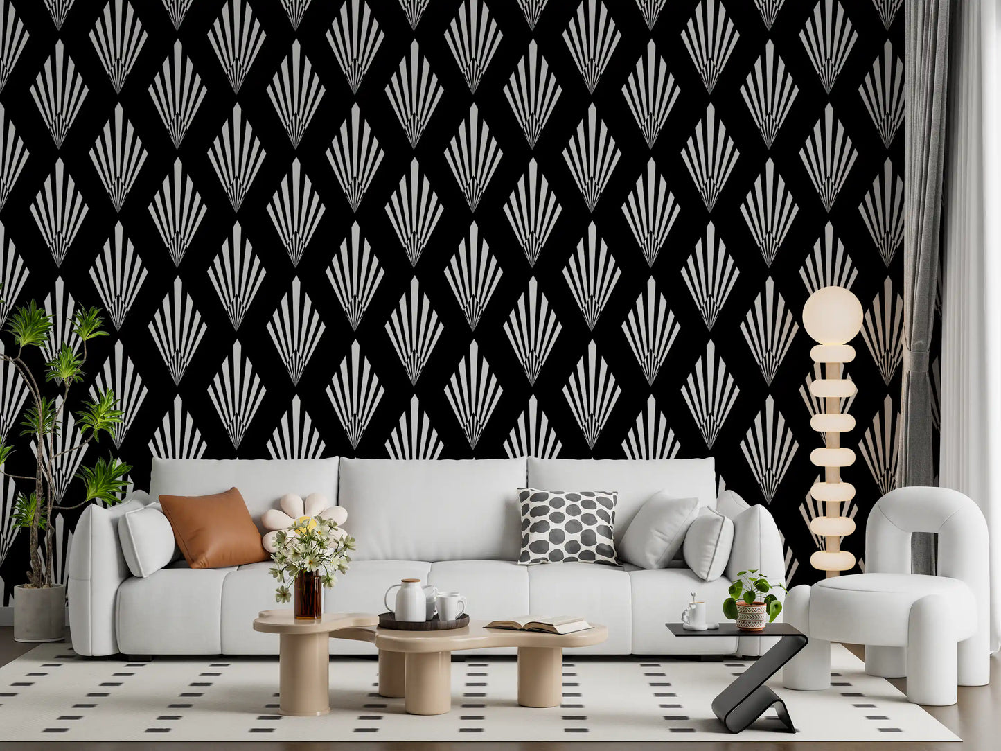 Monochromatic Art Deco Fan Pattern Wallpaper⁠