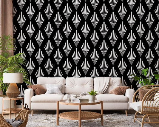 Monochromatic Art Deco Fan Pattern Wallpaper⁠