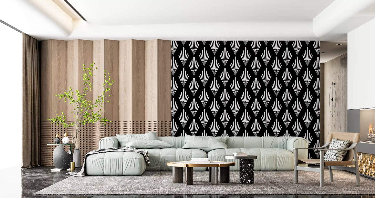 Monochromatic Art Deco Fan Pattern Wallpaper⁠