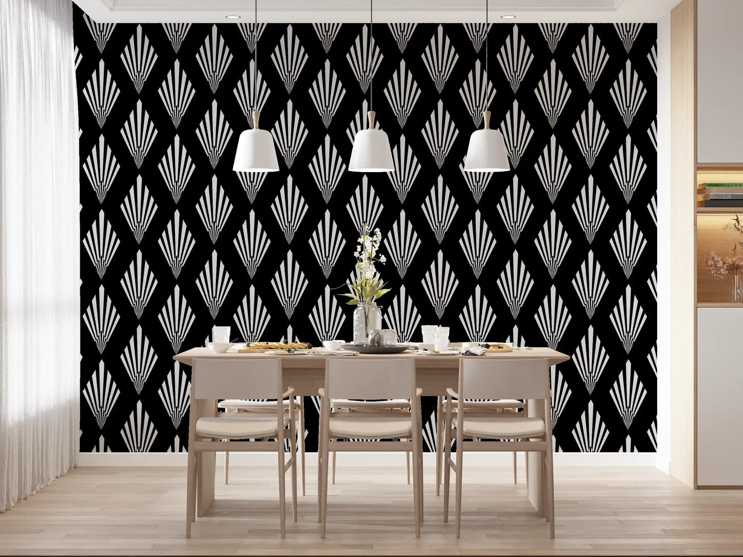 Monochromatic Art Deco Fan Pattern Wallpaper⁠