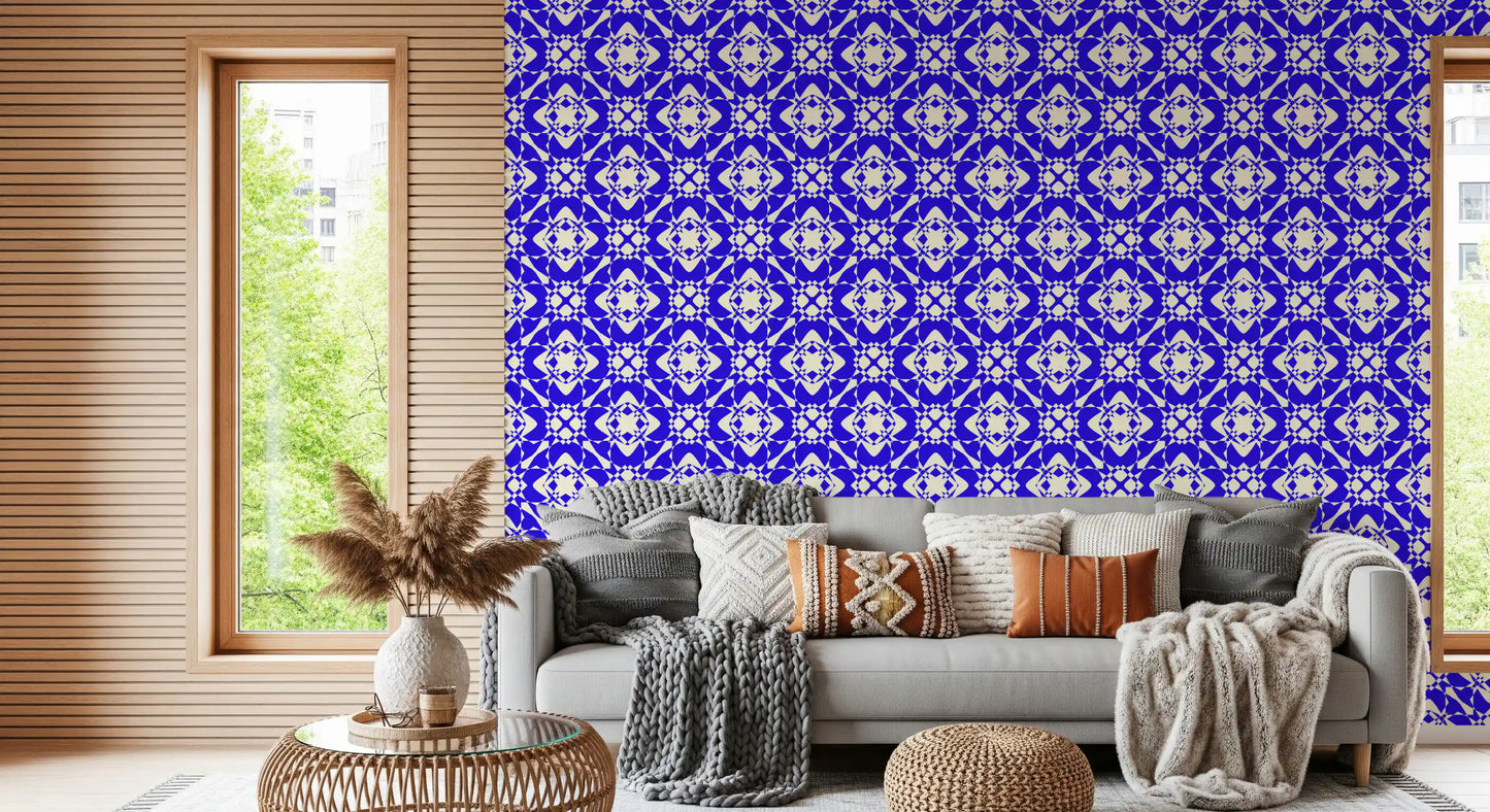 Geometric Cobalt Interlocking Pattern Wallpaper⁠