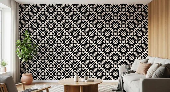 Modern lattice tiles wrap a living room on this Classic Geometric wallpaper GD12244

