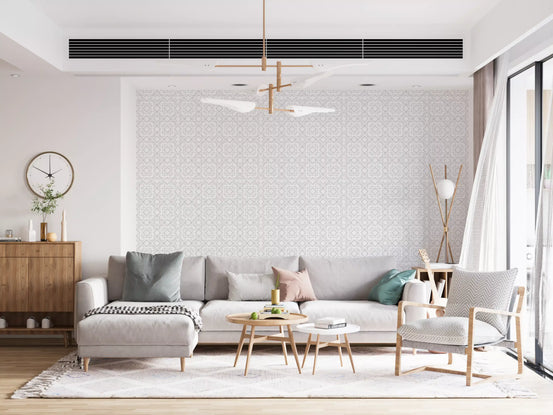 Subtle lattice wallpaper giving a living room a calm, tonal backdrop GD12249
