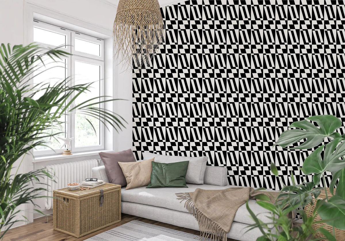 Mosaic black and white wallpaper giving a hallway a bold look GD12252